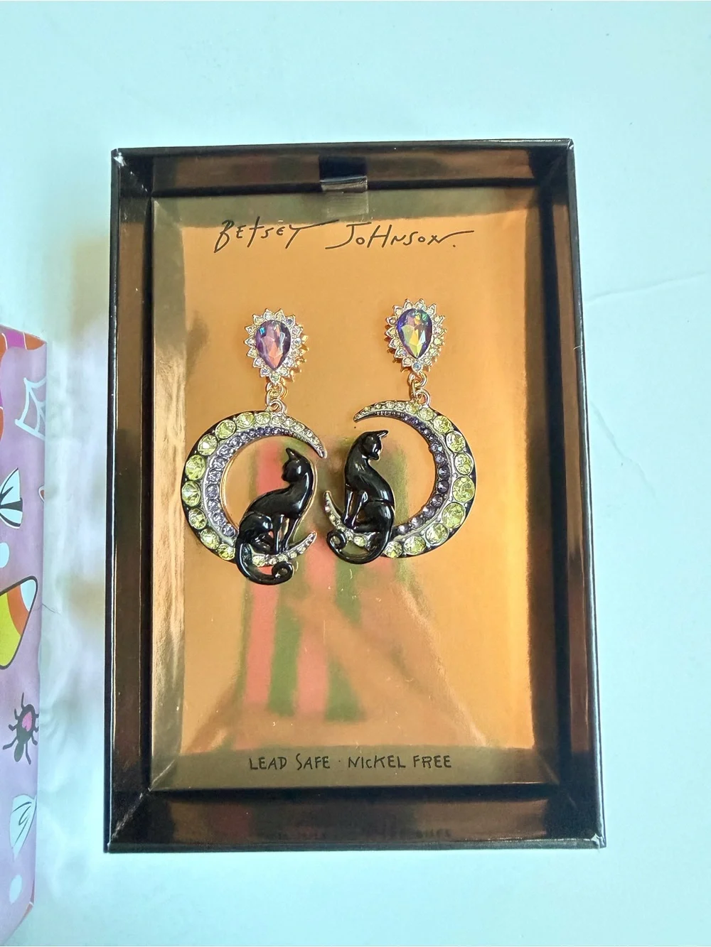 Betsey Johnson Crescent Moon & Black Cat Drop Earrings